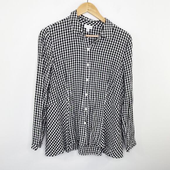 J Jill Black White Checkered Button Down Long Sleeve Shirt Women M Collar Casual - Picture 1 of 8